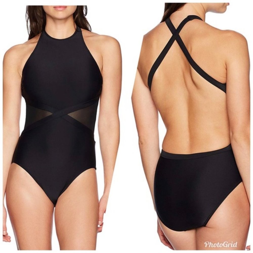 Black Mesh Side Swimsuit One Piece Monokini NWOT